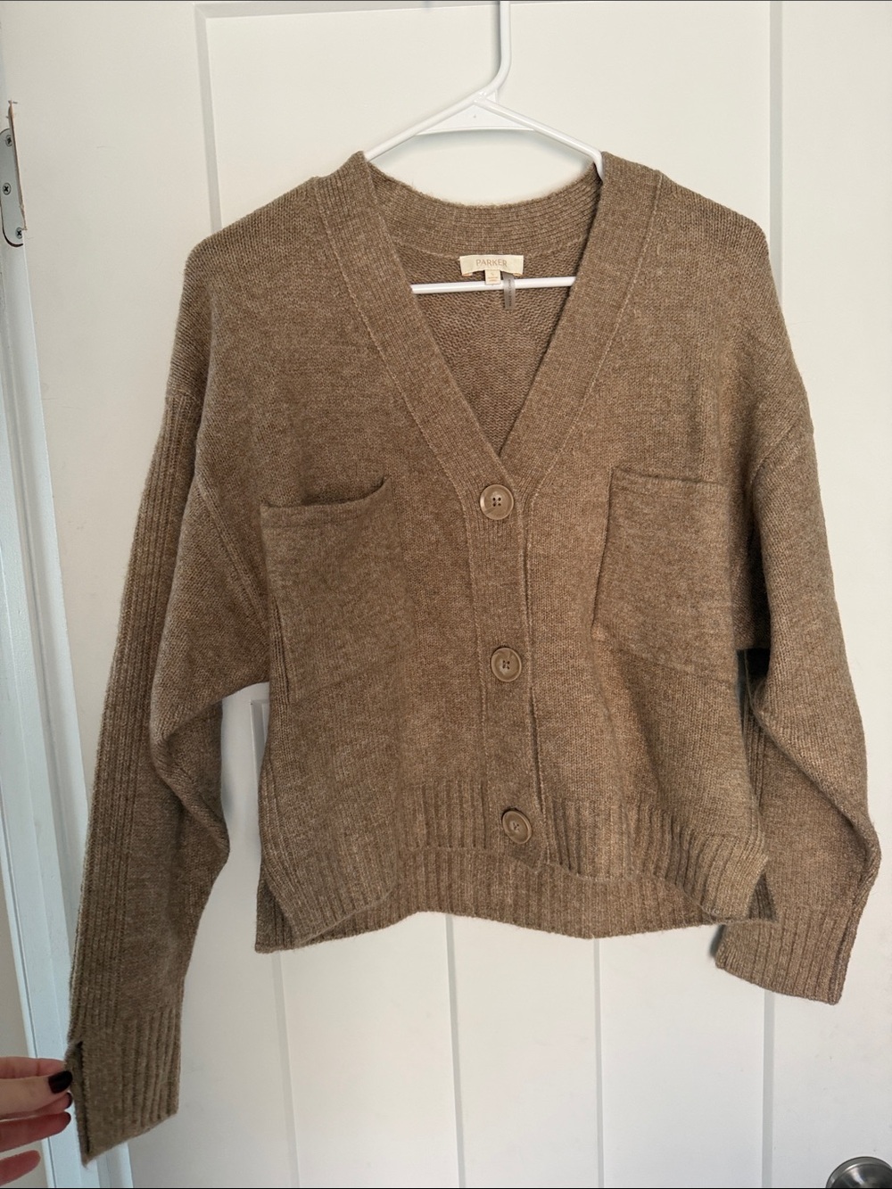 Parker Cropped V‑Neck Pocket Cardigan - Taupe Brown